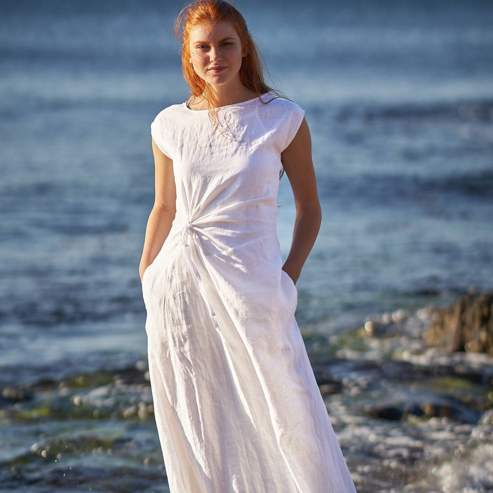 Long Linen Dress with Ruched Waist - VisibleArtShop