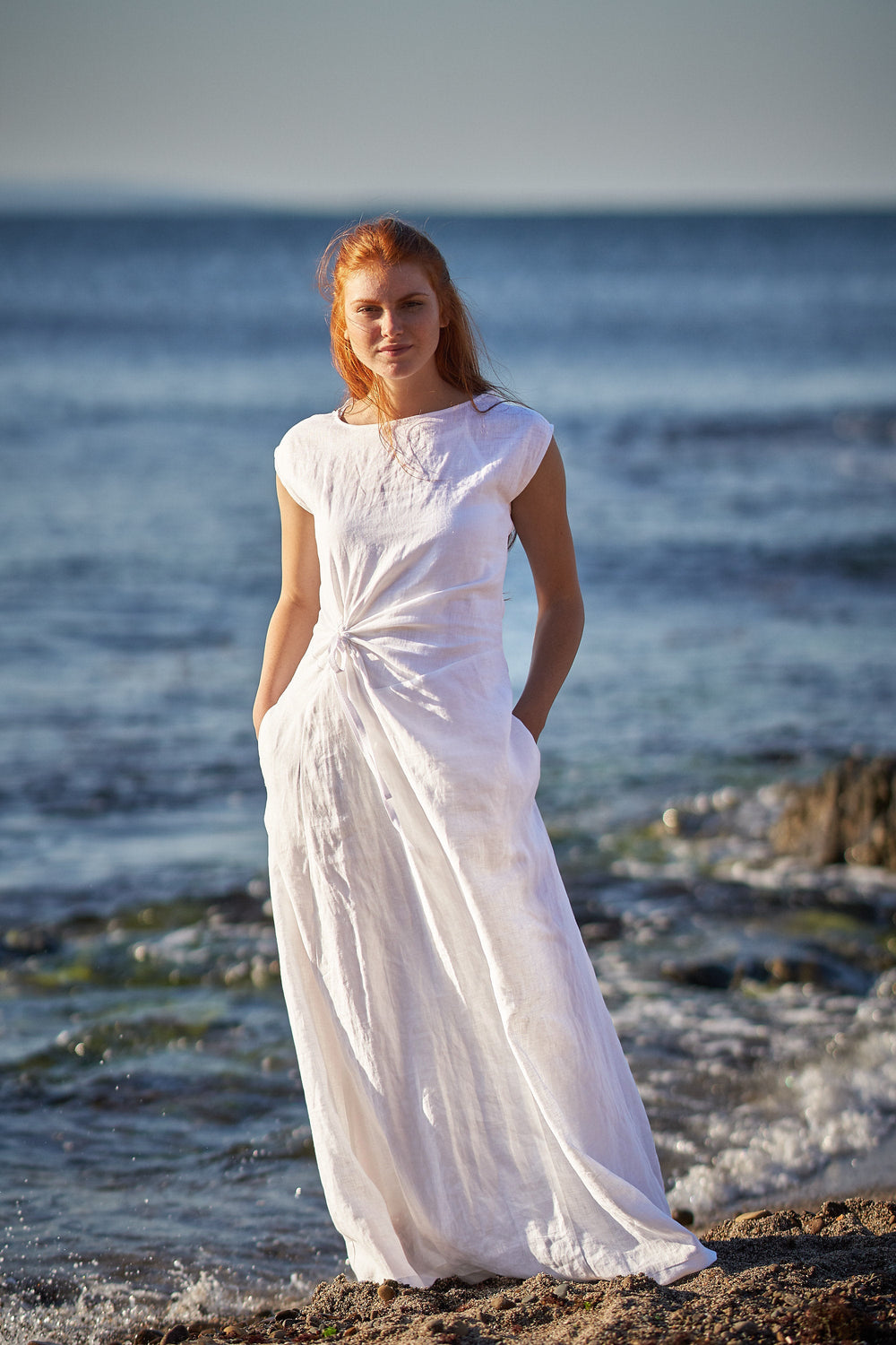 Long Linen Dress with Ruched Waist, VisibleArtShop