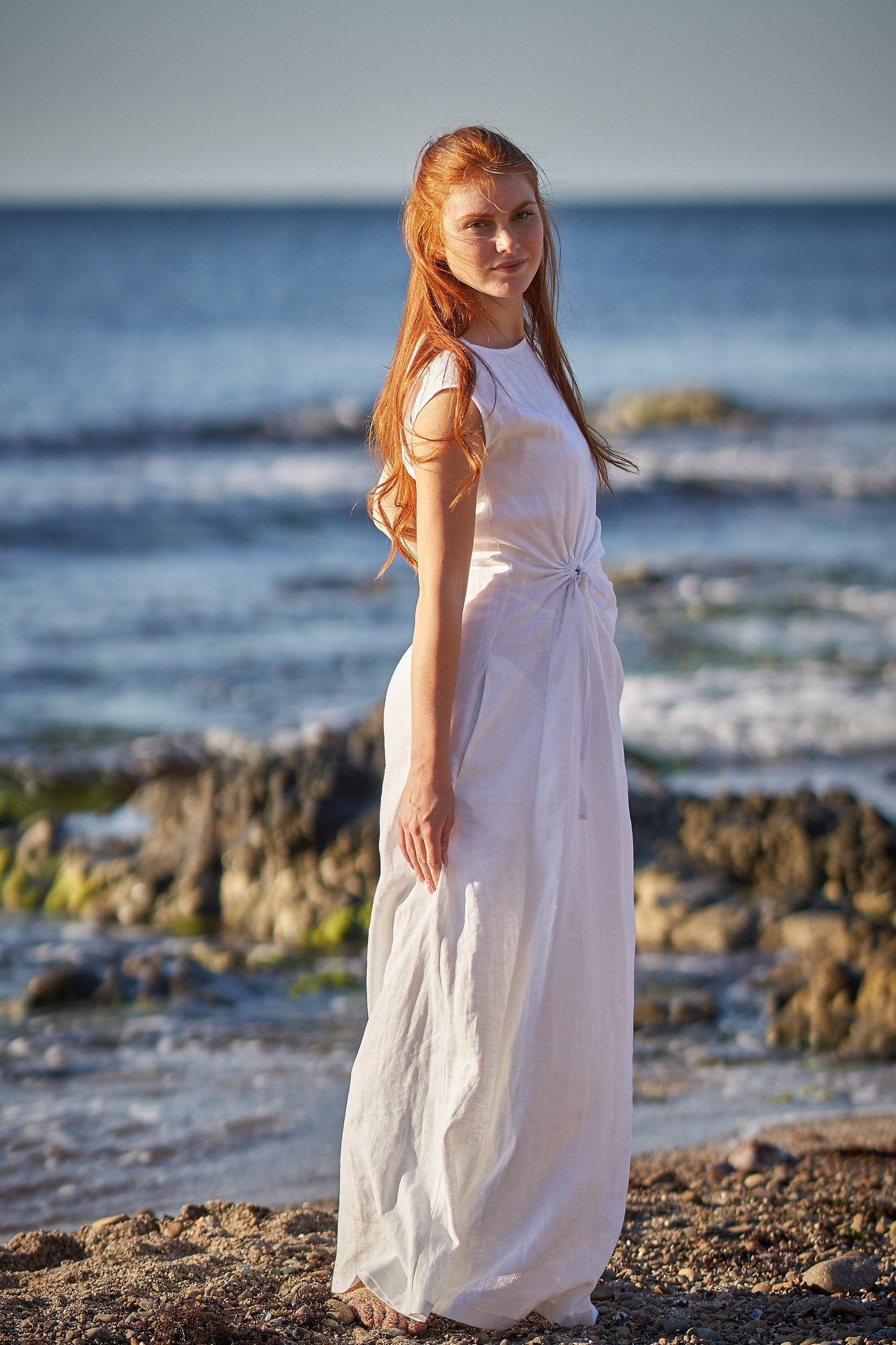 white long linen dress Long Linen Dress with Ruched Waist