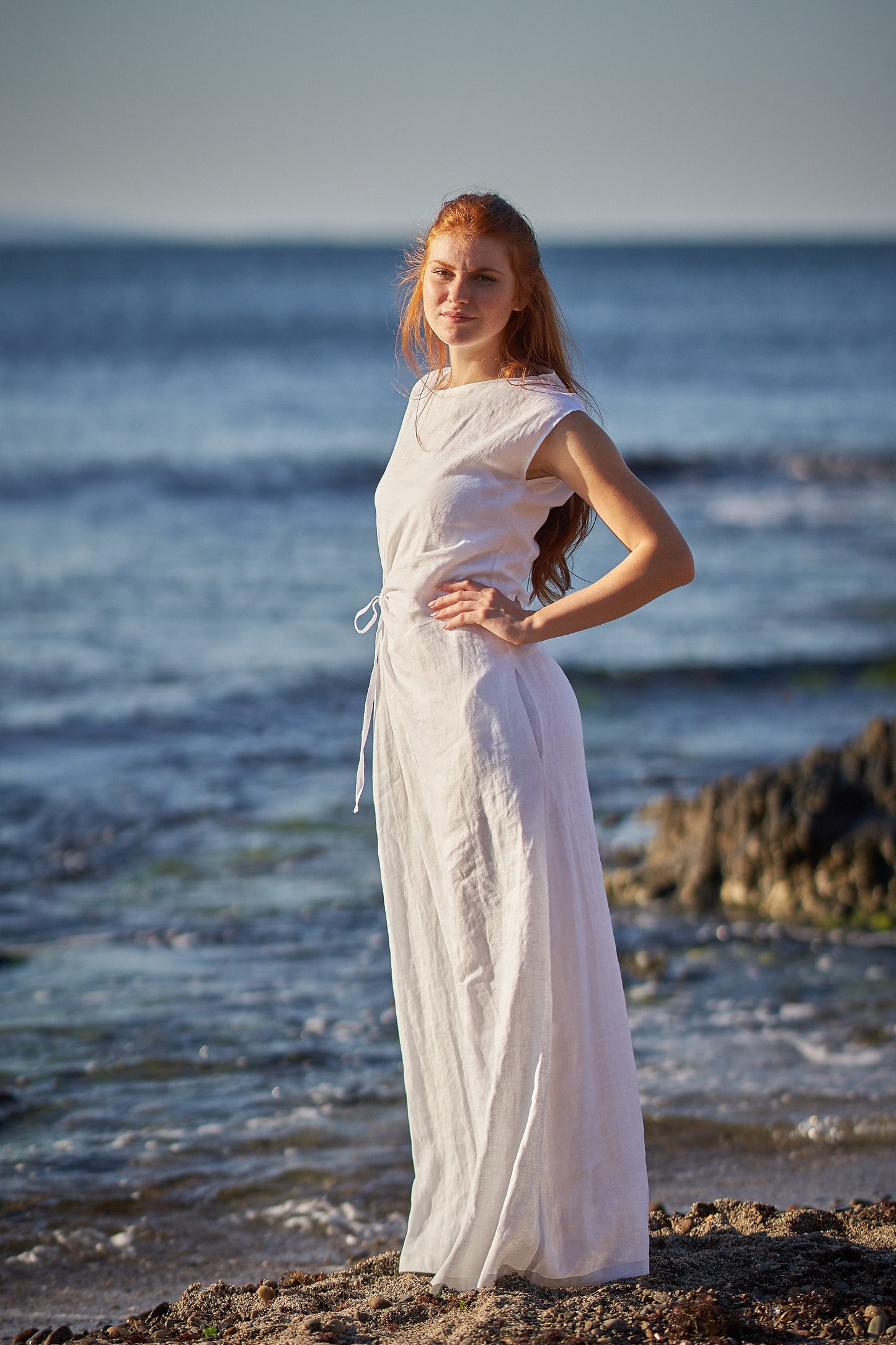 Long Linen Dress with Ruched Waist, VisibleArtShop