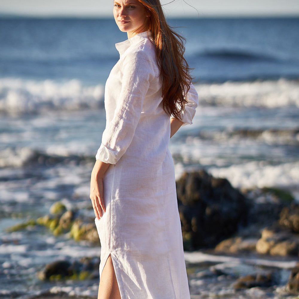 Linen Kaftan Shirt Dress in White - VisibleArtShop