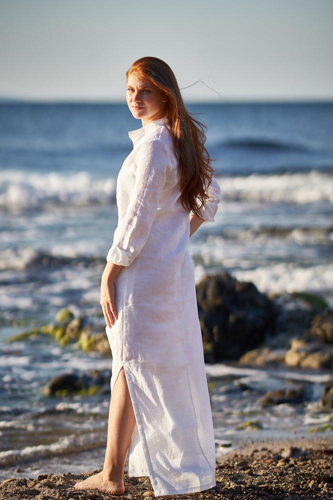 Linen Kaftan Shirt Dress in White - VisibleArtShop