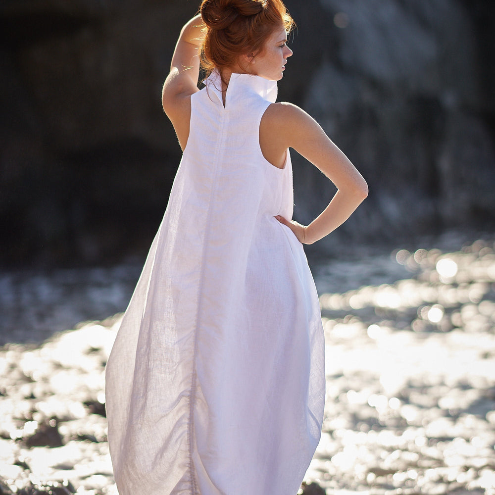 Cowl Neck Linen Dress in White, Linen Dress, White Maxi Dress, 100% Linen Clothing, White Linen Dress, Plus Size Clothing, M / Light Blue