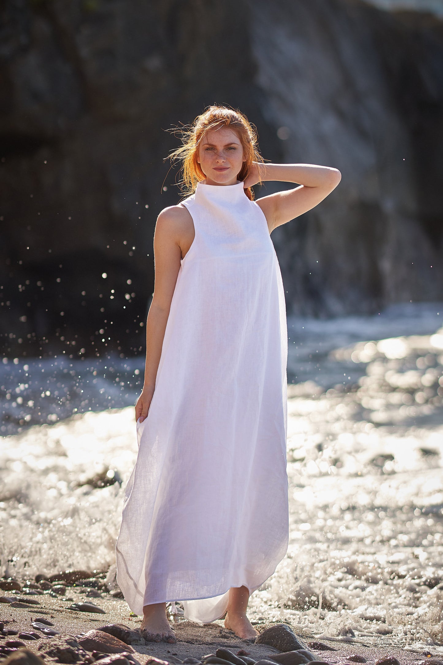 Cowl Neck Linen Dress in White, VisibleArtShop
